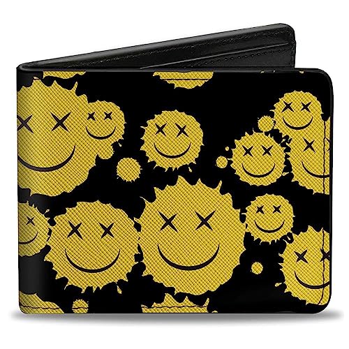 Buckle-Down Geldbörse, Bifold, Smiley-Gesichtsspritzer, verstreut, schwarz, gelb, veganes Leder, Schwarz, Gelb, 10,2 x 8,9 cm, lässig, Schwarz, Gelb, 4.0" x 3.5", Casual von Buckle-Down