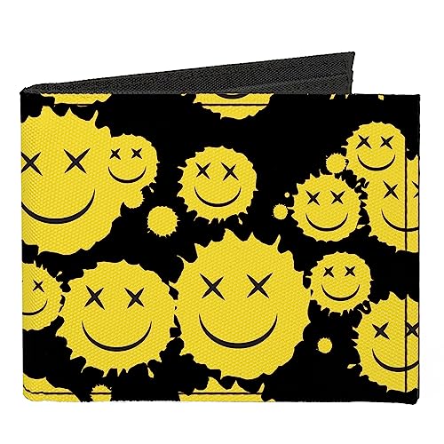 Buckle-Down Geldbörse, Bifold, Smiley-Gesicht, Splatter verstreut schwarz gelb, Leinwand, 4.0" x 3.5", Casual von Buckle-Down