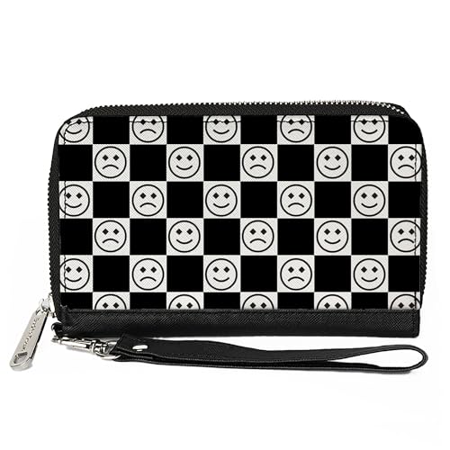 Buckle-Down Geldbörse, Reißverschluss, Smiley Sad Face Checker Schwarz Weiß, Veganes Leder, 7.5"x4.5", Casual von Buckle-Down