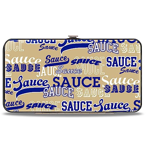 Buckle-Down Geldbörse, aufklappbar, Soße, Typografie, Collage, Hellbraun, Weiß, Blau, veganes Leder, Blau, weiß, 7" x 4", Casual von Buckle-Down