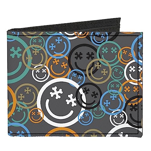 Buckle-Down Geldbörse, doppelt gefaltet, Smiley-Gesicht, gekreuzte Knochen, gestapelt, grau, mehrfarbig, Leinwand, 4.0" x 3.5", Casual von Buckle-Down