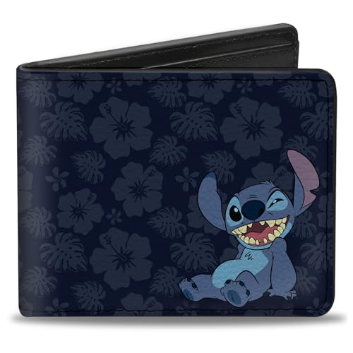 Buckle-Down Herren Stitch Winking Pose/Tropical Flora Blues Reisezubehör-Bi-Fold-Brieftasche, Mehrfarbig, Standard größe von Buckle-Down