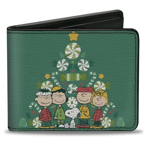 Buckle-Down Peanuts Geldbörse, Bifold, Peanuts Holiday Christmas Tree Group Pose Greens, veganes Leder, Grün , 4.0" x 3.5", Casual von Buckle-Down