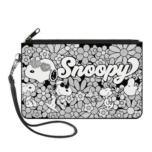 Buckle-Down Peanuts Geldbörse, Reißverschluss Clutch, Snoopy Posen und Gänseblümchen Collage Schwarz Grau Weiß Canvas, GRAU, Large von Buckle-Down