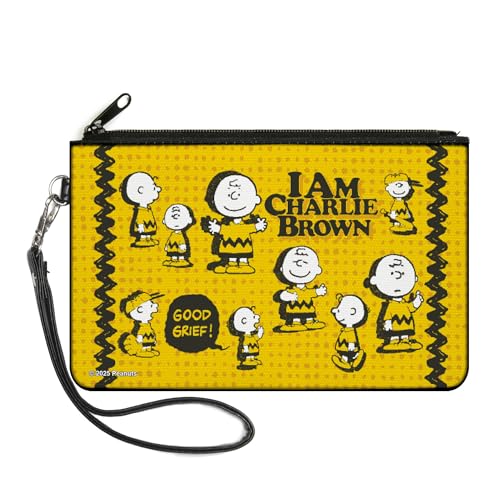 Buckle-Down Peanuts Geldbörse Reißverschluss Clutch Peanuts I Am Charlie Brown Poses und Zig Zag Stripe Yellow Canvas, gelb, Large von Buckle-Down
