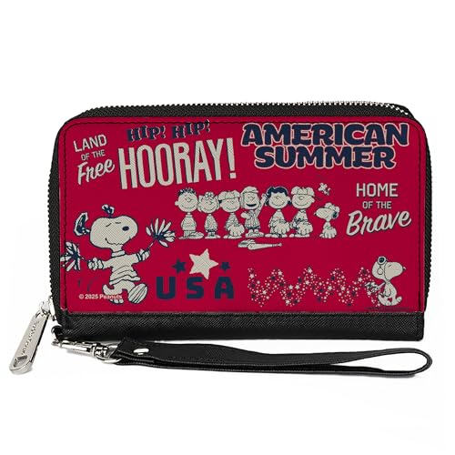 Buckle-Down Peanuts Geldbörse mit Reißverschluss, Peanuts Gang American Summer Poses Rot Blau Weiß Veganes Leder von Buckle-Down