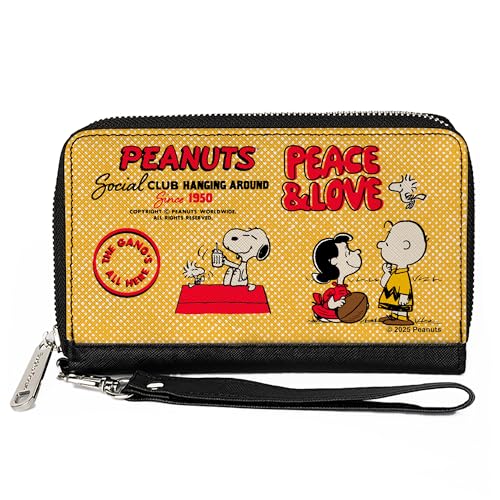 Buckle-Down Peanuts Geldbörse mit Reißverschluss, Peanuts Social Club Peace and Love Scenes Gelb Rot Veganes Leder von Buckle-Down