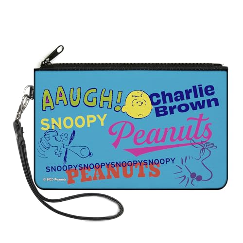 Buckle-Down Peanuts Wallet Zip Clutch, Charlie Brown Snoopy und Woodstock Typografie Collage Blau, Canvas, Blau, Large von Buckle-Down