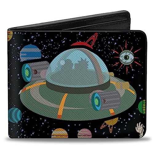 Buckle-Down Rick and Morty Geldbörse, Bifold, Rick and Morty Raumschiff-Silhouette, mehrfarbig, veganes Leder, Schwarz, 4.0" x 3.5", Casual von Buckle-Down