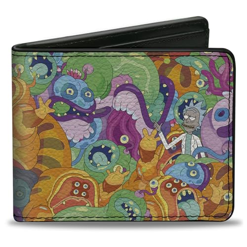 Buckle-Down Herren Geldbörse, Bifold, Rick and Morty Rick mit Monsters Collage, Mehrfarbig, Veganes Leder, 4.0" x 3.5", Casual, Mehrere Kartenfächer, ID-Fenster, Veganes Leder von Buckle-Down