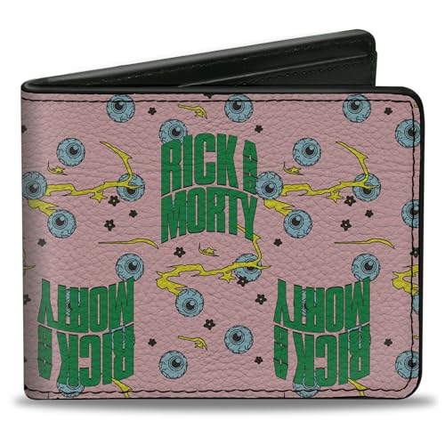 Buckle-Down Rick and Morty Wallet Bifold Rick and Morty Text and Eyeballs Pink Green Vegan Leather, 4.0" x 3.5", Casual von Buckle-Down