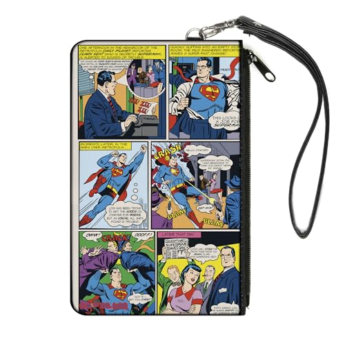Buckle-Down Superman Geldbörse Reißverschluss Clutch Superman Clark Kent Retro Comic Szene Blöcke Canvas, Mehrfarbig, Large, Casual von Buckle-Down