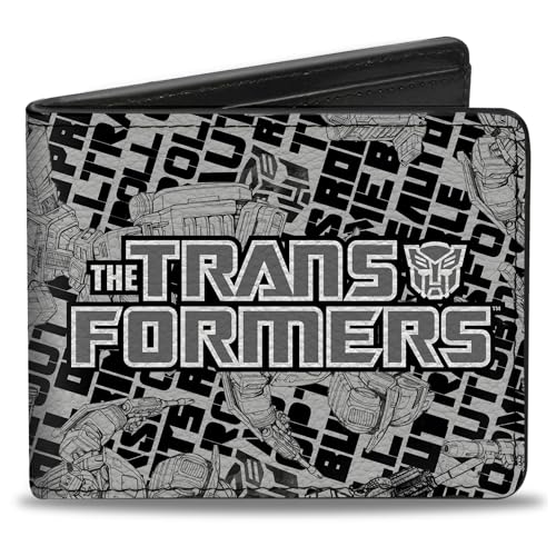 Buckle-Down Transformers Geldbörse, Bifold, The Transformers Robots and Text Collage, Weiß, Schwarz, Grau, veganes Leder von Buckle-Down