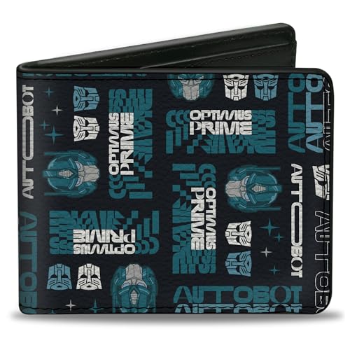 Buckle-Down Transformers Geldbörse, Bifold, Transformers Optimus Prime Text und Icons Collage Black Blues, veganes Leder, 4.0" x 3.5", Casual von Buckle-Down