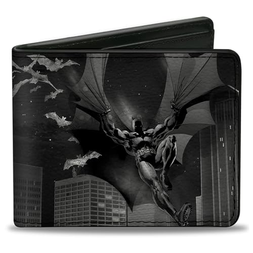 Buckle-Down – Bi-Fold Wallet – Buckle-down PU Bifold Wallet – Batman Beauty of Flight Action Pose/Bats/Skyline Schwarz/Grau, Unisex-Erwachsene, Mehrfarbig von Buckle-Down