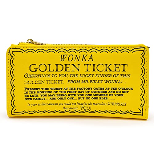 Buckle-Down Willy Wonka Wallet Fold Over Snap Pouch Chocolate Factory Golden Ticket Text Yellow Vegan Leather, gelb, 6.75" x 3.25", Casual von Buckle-Down