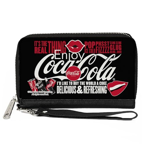 Coca-Cola Geldbörse mit umlaufendem Reißverschluss, Coca Cola Its The Real Thing Collage Schwarz Rot Weiß, Veganes Leder von Buckle-Down