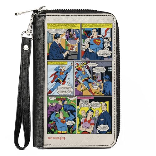 DC Comics Geldbörse mit umlaufendem Reißverschluss Superman Clark Kent Retro Comic Scene Blocks Veganes Leder, Grau, 7.5"x4.5", Casual von Buckle-Down
