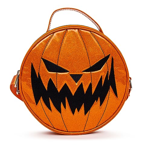 Disney Bag Crossbody Round Nightmare Before Christmas Pumpkin King and Jack Face Orange Glitter Vinyl Vegan Leather, Orange/Abendrot im Zickzackmuster (Sunset Chevron), 8.0" x 8.0" von Buckle-Down