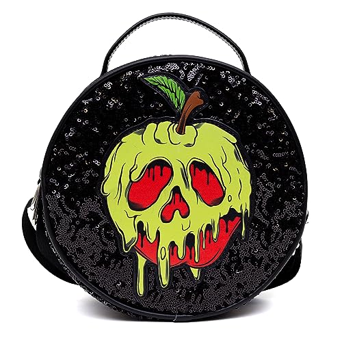 Disney Bag Crossbody Round Snow White Poison Apple Glow in the Dark Applique, Black Sequin, Vegan Leather, Schwarz, 8.0" x 8.0" von Buckle-Down