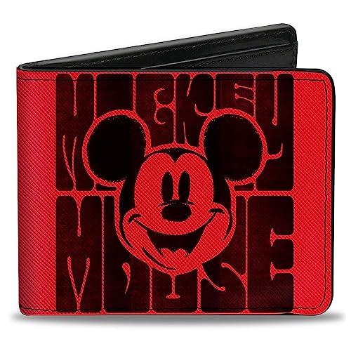 Disney Geldbörse Bifold Mickey Mouse Smiling und Retro Text rot schwarz veganes Leder, Schwarz, 4.0" x 3.5", Casual von Buckle-Down