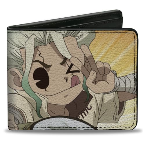 Dr. Stone Geldbörse Bifold Dr Stone Chibi Senku Ishigami Peace Pose und Logo Yellow Veganes Leder von Buckle-Down