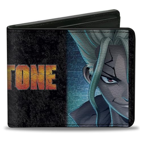 Dr. Stone Geldbörse Bifold Dr Stone Ibara Senku Split Pose und Title Logo Schwarz Veganes Leder von Buckle-Down