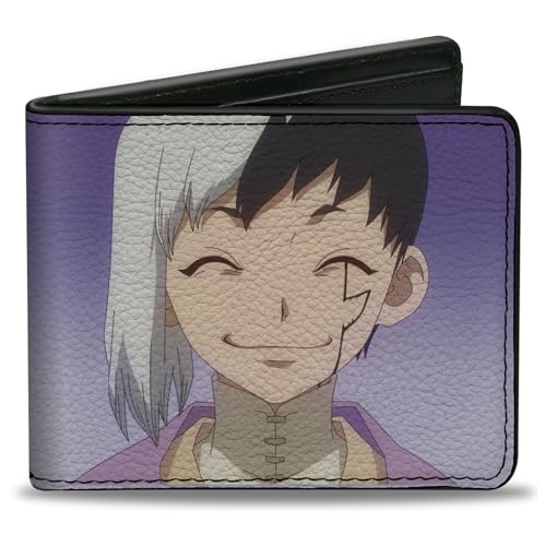 Dr. Stone Wallet Bifold Dr Stone Gen Asagiri Smiling Pose und Title Logo Purples Vegan Leder von Buckle-Down