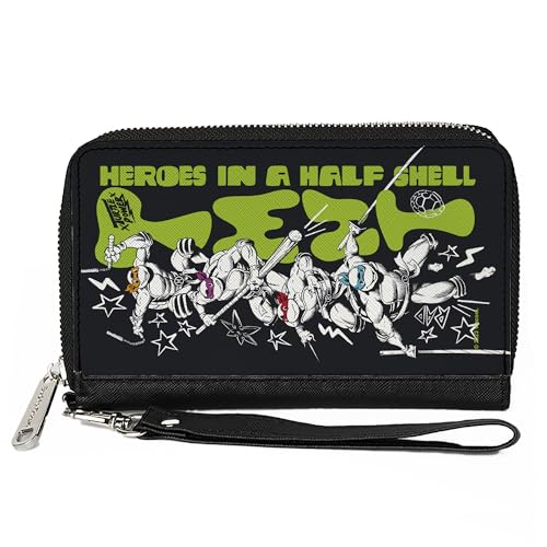 Nickelodeon Geldbörse mit umlaufendem Reißverschluss, Ninja Turtles TMNT Turtles in a Half Shell Action Poses Schwarz, veganes Leder, 7.5"x4.5", Casual von Buckle-Down