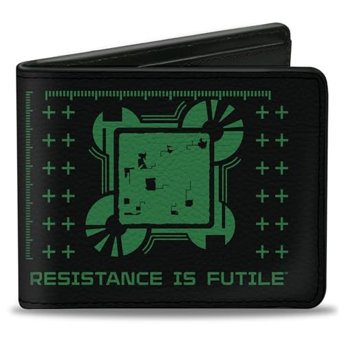 Paramount Network Bi-Fold Wallet with Standard Billfold and Card Slots, Star Trek Borg Cube Resistance Is Futile Icons Black Green, Vegan Leather, Schwarz, 4.0" x 3.5", Casual von Buckle-Down