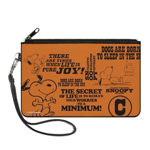 Peanuts Geldbörse Reißverschluss Clutch, Snoopy Posen und Zitate Collage Orange Schwarz Canvas, Orange/Abendrot im Zickzackmuster (Sunset Chevron), Large, Casual von Buckle-Down