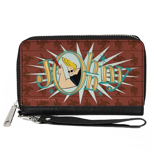 Warner Bros. Animation Wallet Zip Around Johnny Bravo Title Logo und Flex Pose Turns Reds, veganes Leder, Rot/Ausflug, einfarbig (Getaway Solids), 7.5"x4.5", Casual von Buckle-Down