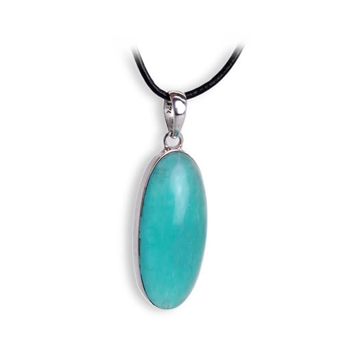 Budawi® Amazonit Anhänger 925 Silber – Cabochon-Form – mit 1 m schwarzem Lederband & Geschenkbox – Edler Edelstein-Anhänger von Budawi