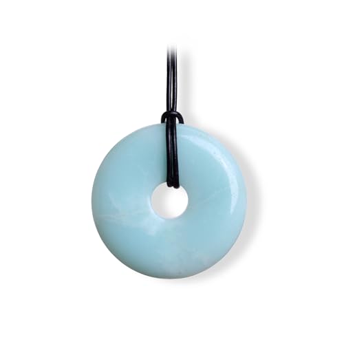 Budawi® Amazonit Donut Anhänger 30 mm – Natürlicher Edelstein mit Lederband – Schmuckstein als Halskette – Lieferung im Organza-Beutel von Budawi
