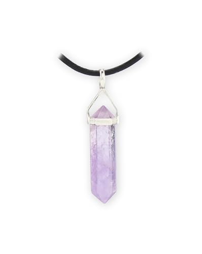 Budawi® Amethyst Doppelender Anhänger – ca. 4 cm – mit 925er Silberbügel & Lederband – Echter Edelstein – Spiritueller Schmuck in Geschenkschachtel von Budawi