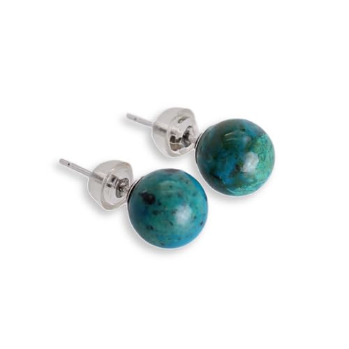 Budawi® Chrysokoll Kugel Ohrstecker Paar 8 mm – 925 Sterling Silber Stift mit Silikon Schraubverschluss – Edelstein Schmuck für Damen und Herren von Budawi