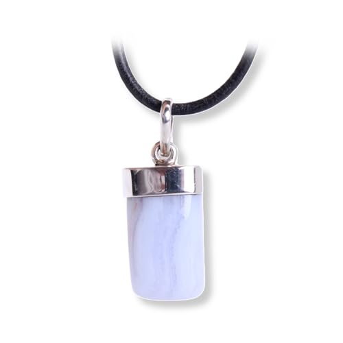 Budawi® Einzelstück Chalcedon Anhänger mit 925er Sterling Silber Kappe Edelstein Schmuck mit Lederband Geschenkbox einzigartiger Naturstein Schmuck Unikat von Budawi