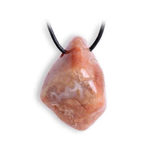 Budawi® Einzigartiger Rosa Moosachat Anhänger – Echter Edelstein Trommelstein gebohrt – Naturstein Schmuck mit 1 m Lederband – Lieferung im Organzasäckchen von Budawi