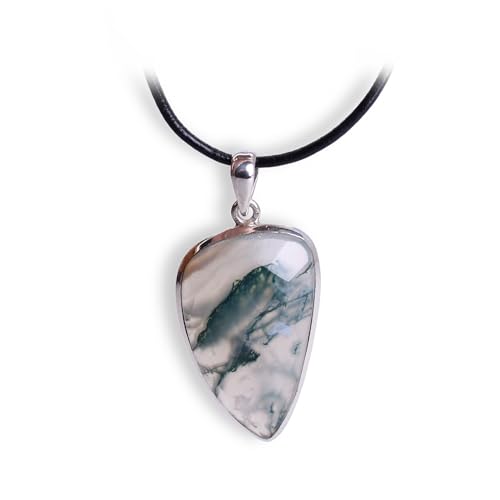 Budawi® Facettierter Moosachat Anhänger Unikat in 925er Silberfassung – Edelstein Schmuck mit Lederband – Lieferung in Geschenkschachtel von Budawi