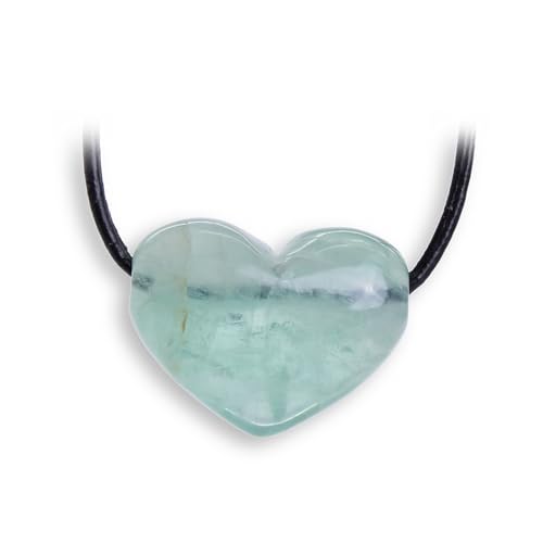 Budawi® Grüner Fluorit Herz Anhänger gebohrt – mit 1 m schwarzem Lederband – Edelstein Kette – Geschenk in Organzasäckchen – Naturstein Schmuck Anhänger von Budawi