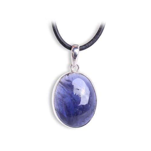 Budawi® Iolith Anhänger 925er Silber mit ovalem Cabochon und schwarzem Lederband 1 m – Einzelstück in Geschenkschachtel – echter Edelstein Schmuck Unikat für Damen und Herren von Budawi