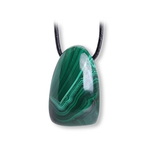 Budawi® Malachit Cabochon Anhänger Unikat gebohrt mit 1 m Lederband Edelstein Schmuck grün Naturstein in Organzasäckchen von Budawi