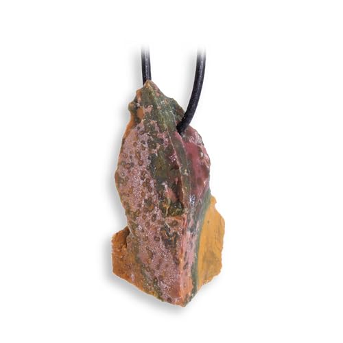 Budawi® Ozeanjaspis Anhänger Rohstein gebohrt Unikat Naturstein mit 1 m schwarzem Lederband individuell kürzbar inkl. Organza Beutel Kristall Schmuck von Budawi