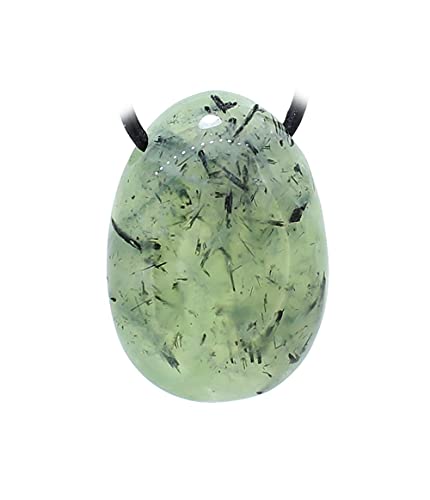 Budawi® Prehnit Trommelstein Anhänger gebohrt mit Epidot Lederband 1 m kürzbar mit Organza Säckchen Edelstein grün Schmuck Stein Geschenk Naturstein von Budawi