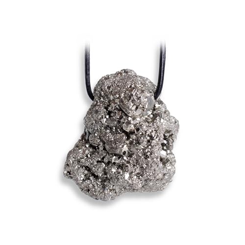 Budawi® Pyrit Anhänger Rohstein gebohrt – mit Lederband – Naturstein Schmuck Unikat – Lieferung im Organzasäckchen – Geschenkidee für Damen & Herren von Budawi