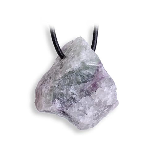 Budawi® Regenbogenfluorit Anhänger roh naturbelassen mit Lederband – Einzigartiger Fluorit Kristall Schmuck Edelstein Unikat im Organzasäckchen von Budawi