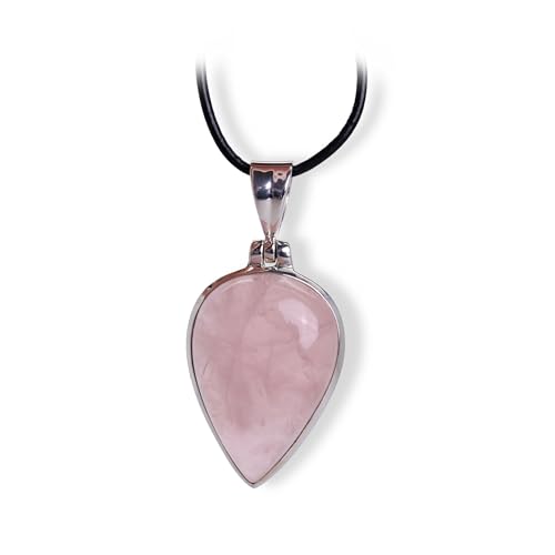 Budawi® Rosenquarz Cabochon Anhänger 925 Sterling Silber – Einzelstück wie abgebildet – inkl. kürzbarem Lederband & Geschenkbox – Naturstein Schmuck Unikat von Budawi