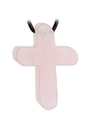 Budawi® Rosenquarz Kreuz Anhänger gebohrt – Naturstein mit schwarzem Lederband zum Kürzen – handgeschliffen & spirituell – Schmuck für Damen & Herren – inkl. Organzasäckchen von Budawi