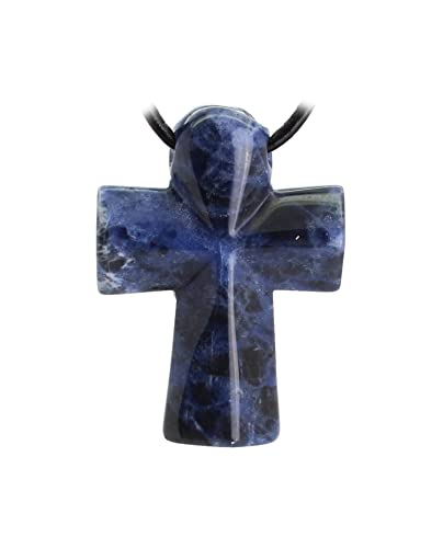 Budawi® Sodalith Ankh Kreuz Anhänger gebohrt ca. 35x25 mm mit 1 m schwarzem Lederband zum Kürzen – Schmuck in Geschenkbeutel von Budawi