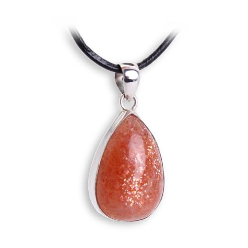 Budawi® Sonnenstein Anhänger 925 Sterling Silber – Cabochon Tropfenform – inkl. 1 m Lederband zum Kürzen – Edelstein Schmuck – Lieferung in Geschenkschachtel von Budawi
